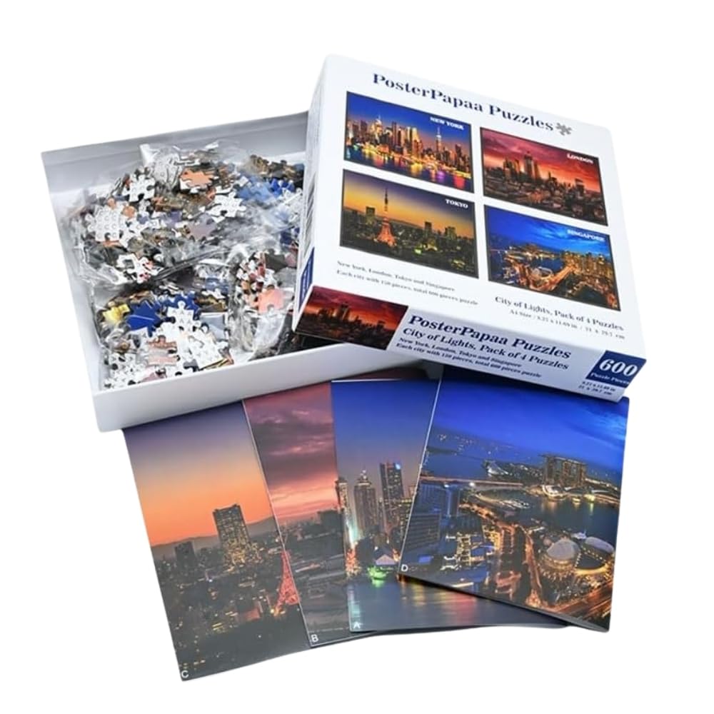 Rompecabezas de ciudad de luces, paquete de 4 rompecabezas, cada uno de 150 piezas, total 600 piezas, tamaño A4 de 8.27 x 11.69 pulgadas, para adultos y adolescentes, colorido, familiar,