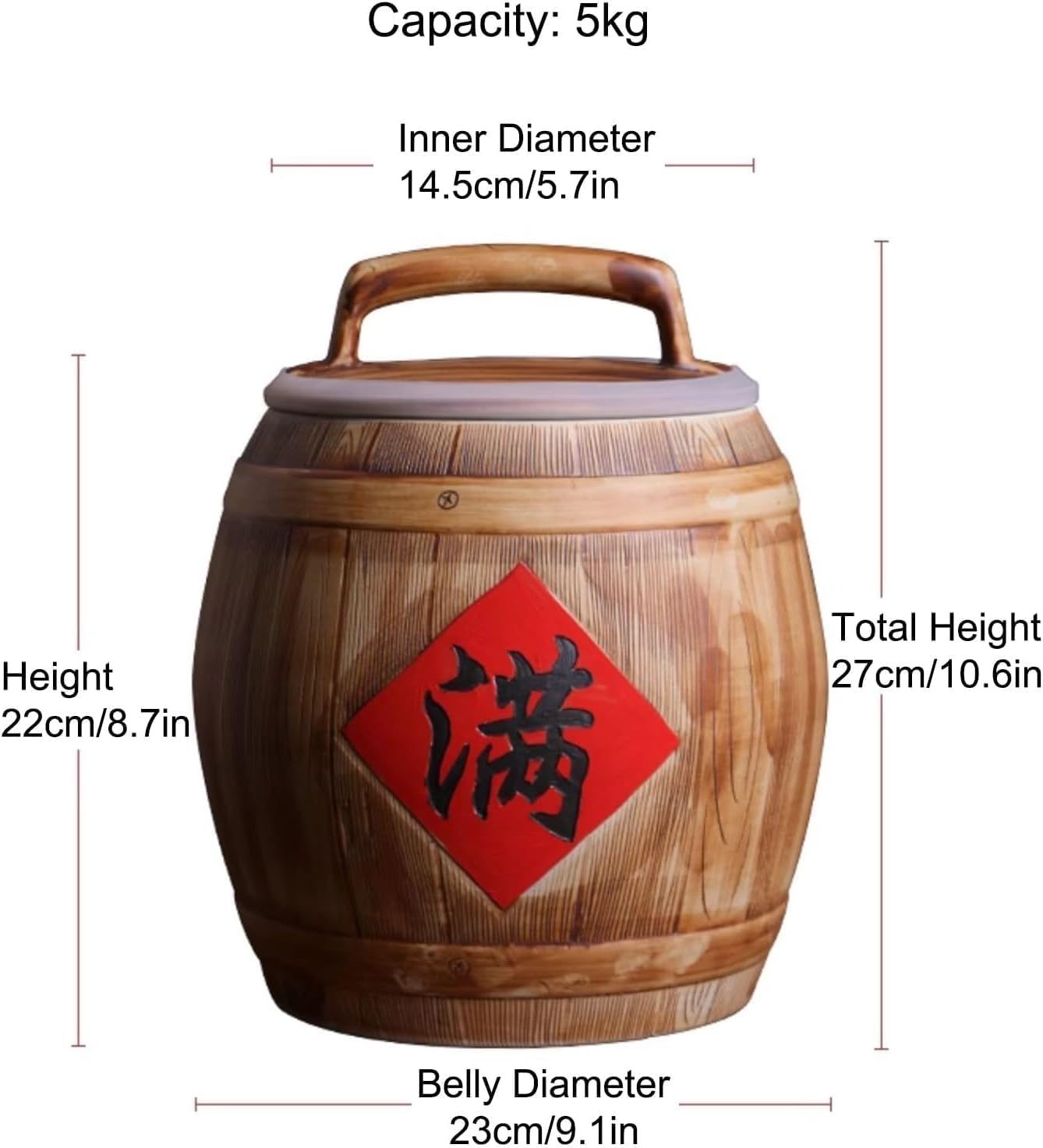 Ceramic Rice Jar with Lid, Ceramic Rice Bucket, Large Ceramic Rice Container, Ceramic Rice Cylinder, Large Food Storage for Noodles Rice Snacks, 27x23cm/10.6x9.1in