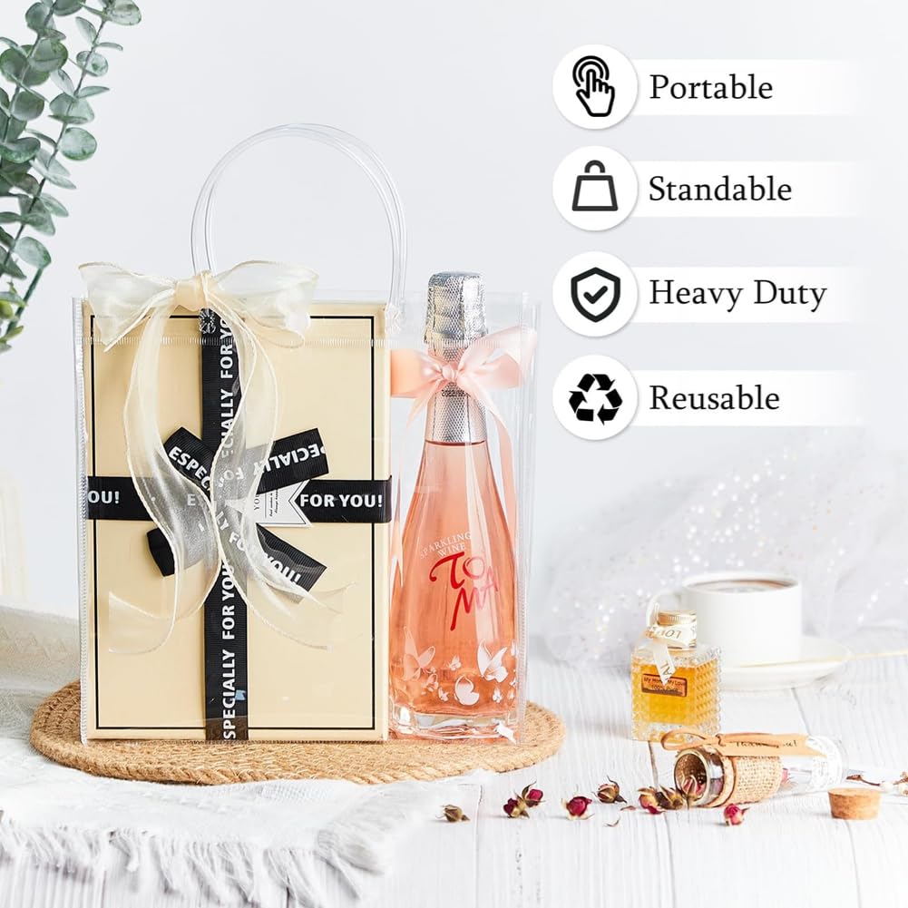 GreatRise 30 przezroczystych torebek na prezenty z uchwytami, PCW, przezroczyste torebki z tworzywa sztucznego, na prezenty, do pakowania, na wesele, urodziny, 25 x 7 x 25 cm