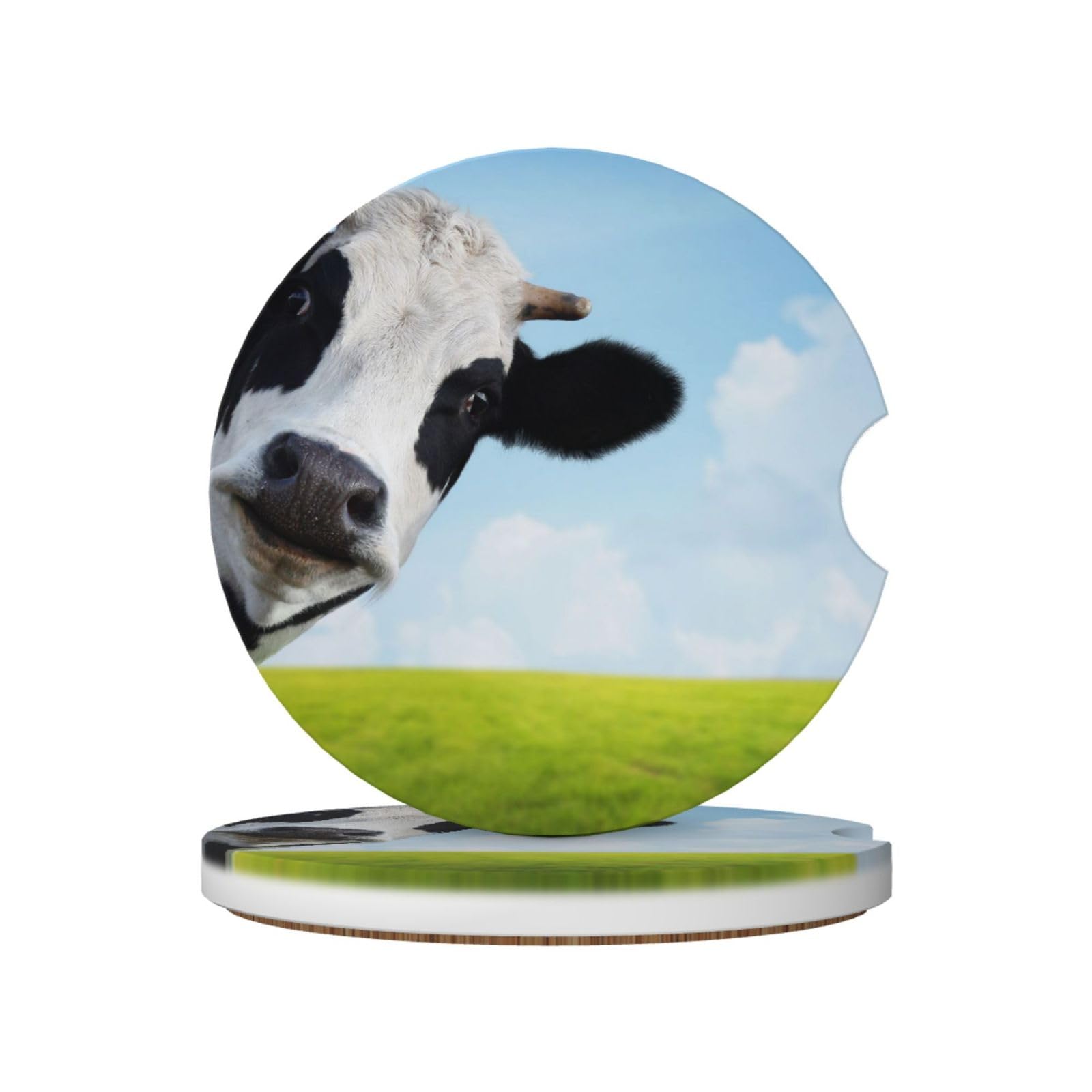 Funny Cow, Car Cup Holder Coasters 2 Pack, Absorbent Ceramic Car Coasters with Non Slip Cork Base