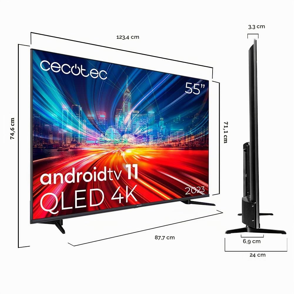 Cecotec TV QLED 55” Smart TV V1+ Series VQU11055+S, 4K UHD, Android 11, Frameless, MEMC, Dolby Vision y Atmos, HDR10, Wide Color Gamut 96%, 2 Haut-parleurs 10W et Subwoofer 12W, 2023