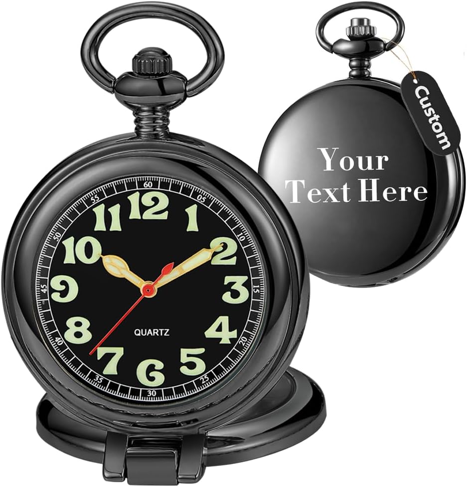 Tiong Transparent Cover Pocket Watches Quartz Arabic/Roman Numerals Men Customizable Back Cover Pocket Watch with Chain&Box