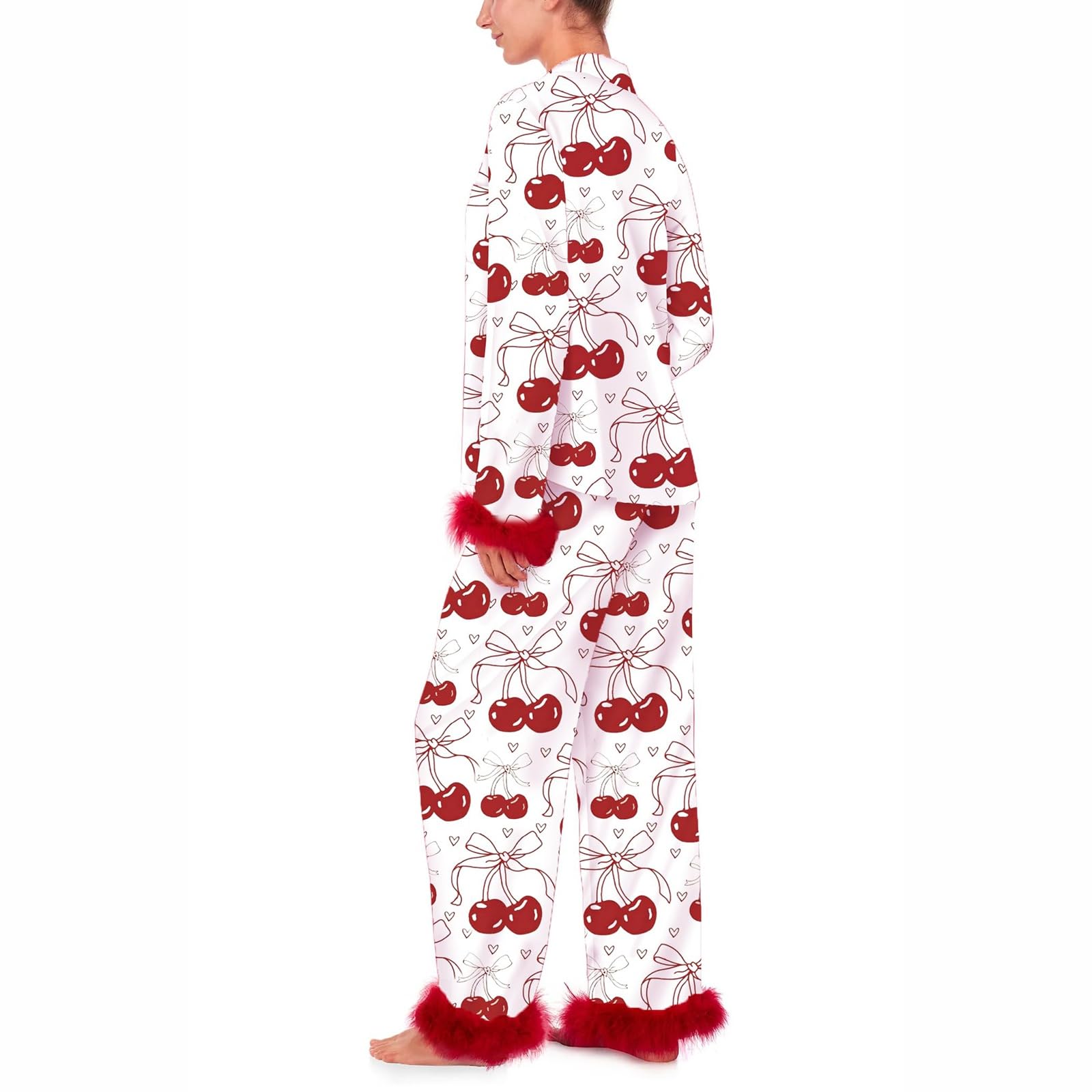 Conjunto de pijama de seda para mujer con diseño de corazón y lazo, camiseta de manga larga y pantalones, ropa de dormir de 2 piezas, pijama de satén lujoso para mujer, estampado de corazón y