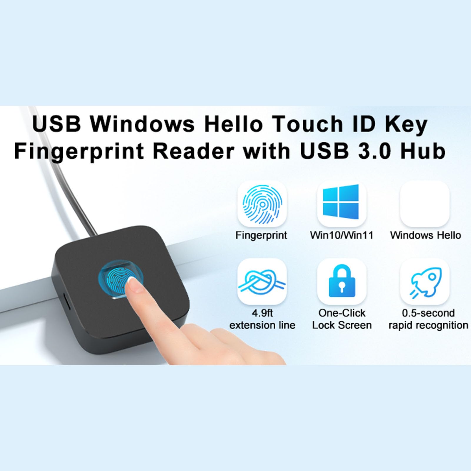 Fockety USB-Fingerabdruckleser, Berührungsschnell Passender Biometrischer Fingerabdruckscanner mit 360-Grad-Erkennung und Selbstlernendem Algorithmus, für 10 11 PC-Laptop (Black)