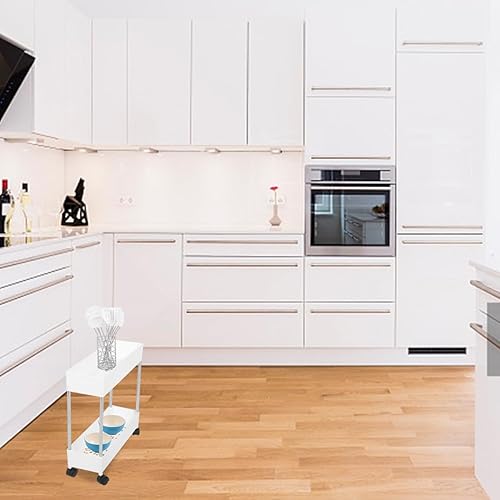 Miniatura 7 de Housoutil Carrito de almacenamiento delgado con ruedas, estantería móvil de 2 niveles, estante de plástico blanco y hierro para cocina, baño,