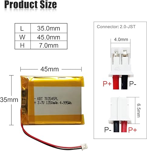 Batería de polímero de litio KBT 3.7V 1350mAh 703545PL Lipo Baterías de repuesto recargables de iones de litio con conector PH 1.25 JST, conector PH