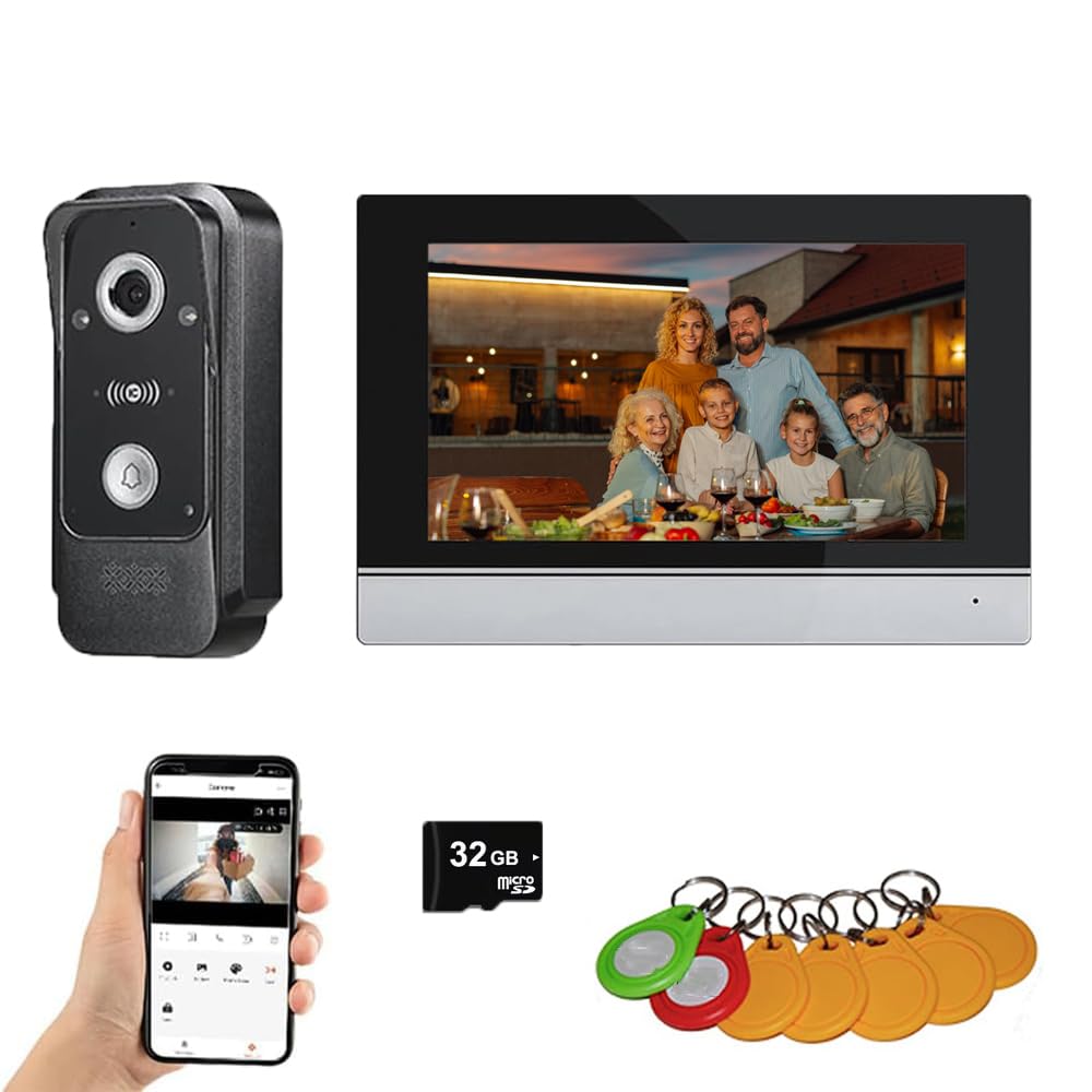 Timbre Inalámbrico con Cámara,Videoportero 4 Hilos,Detección Humana PIR,Audio Bidireccional,Timbre Casa,Visión Nocturna,Cámara Exterior Impermeable de 1080p,Desbloquear (1 timbre + 1 monitor)