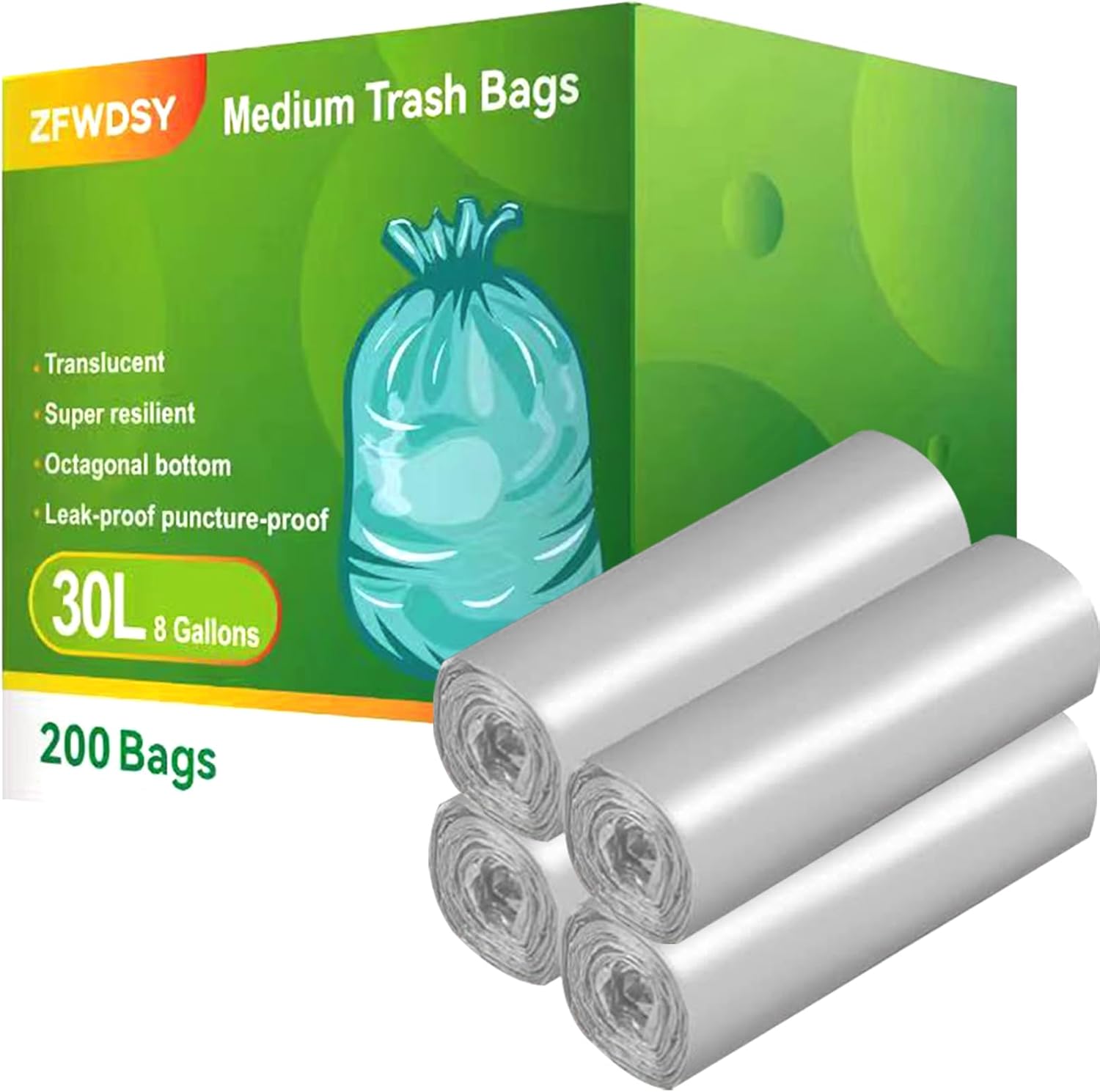 Medium Trash Bags 0.75 Mil Garbage Bags 200 Counts 8 Gallon/30 Liters
