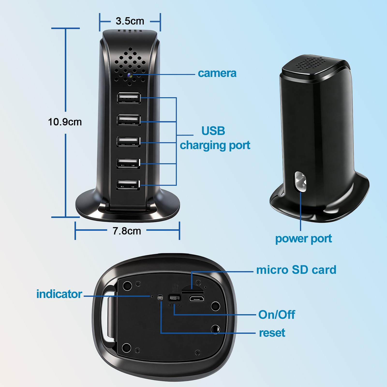 Telecamera Spia 1080P Hub Ricarica 5-in-1 WiFi, Rilevamento Movimento | doppia banda 2.4/5GHz, app Tuya Smart, condividi accesso, avvisi istantanei, 128GB SD