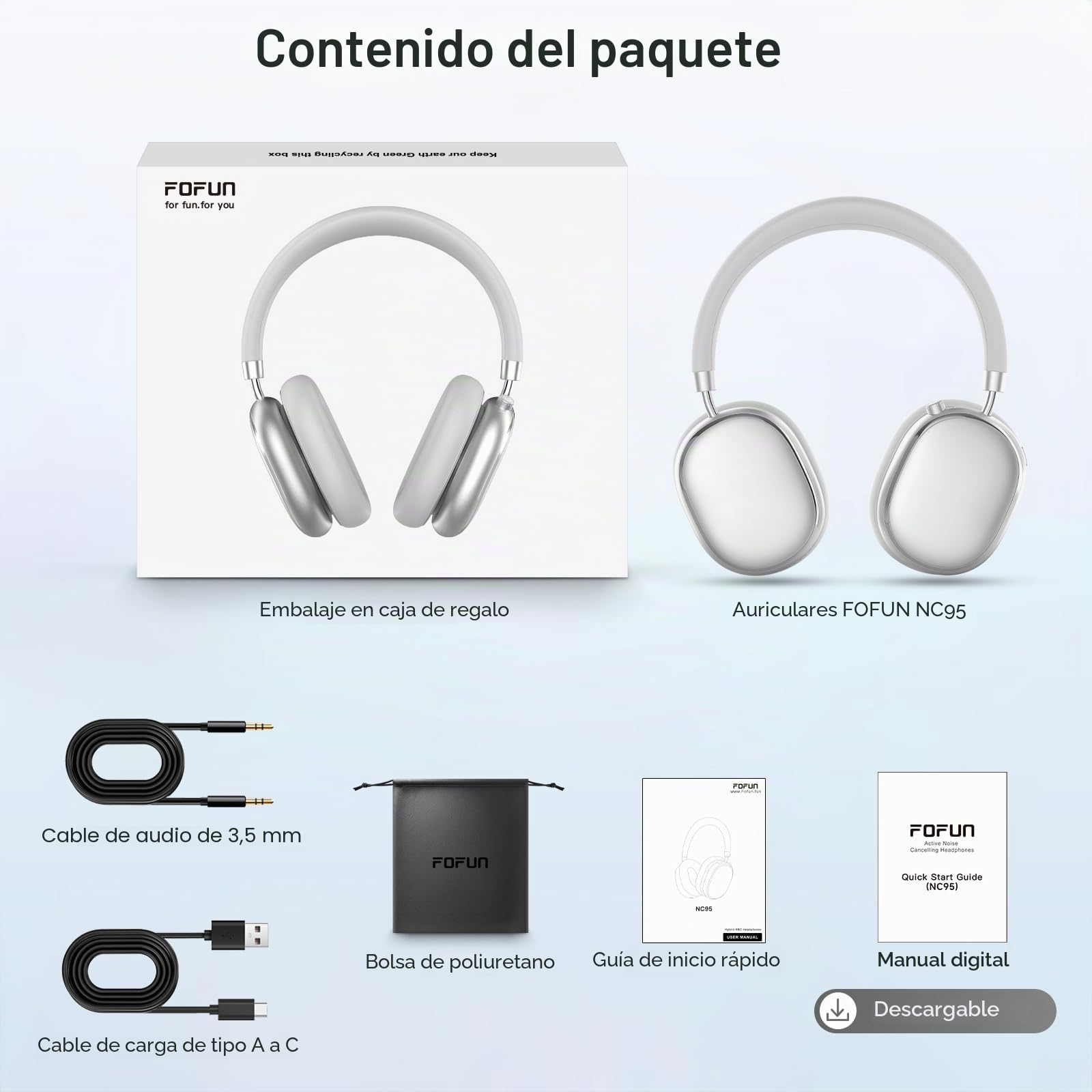 NC95 Auriculares Inalámbricos Bluetooth de Diadema, 120 Horas Reproducción, Cascos Bluetooth con cancelación de Ruido, Personalización vía App,Bluetooth 6.0,Rotación 90° Ajustable (Gris Perla)