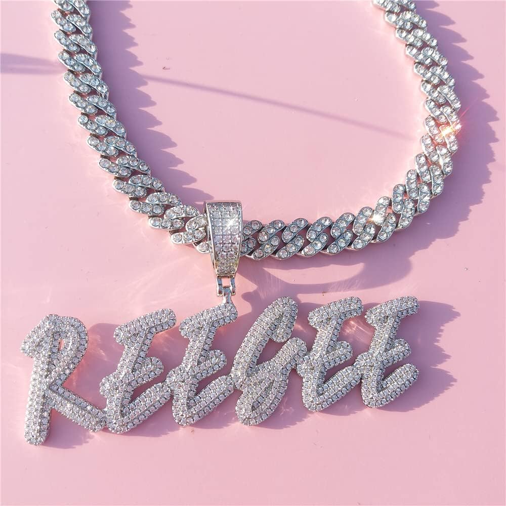 Personalized Iced Out Cursive Letters Nameplate Necklace Hip Hop Cubic Zircon Icy Initials Choker Jewelry Custom Name Pendant with Mini 9mm Cuban Chain for Women