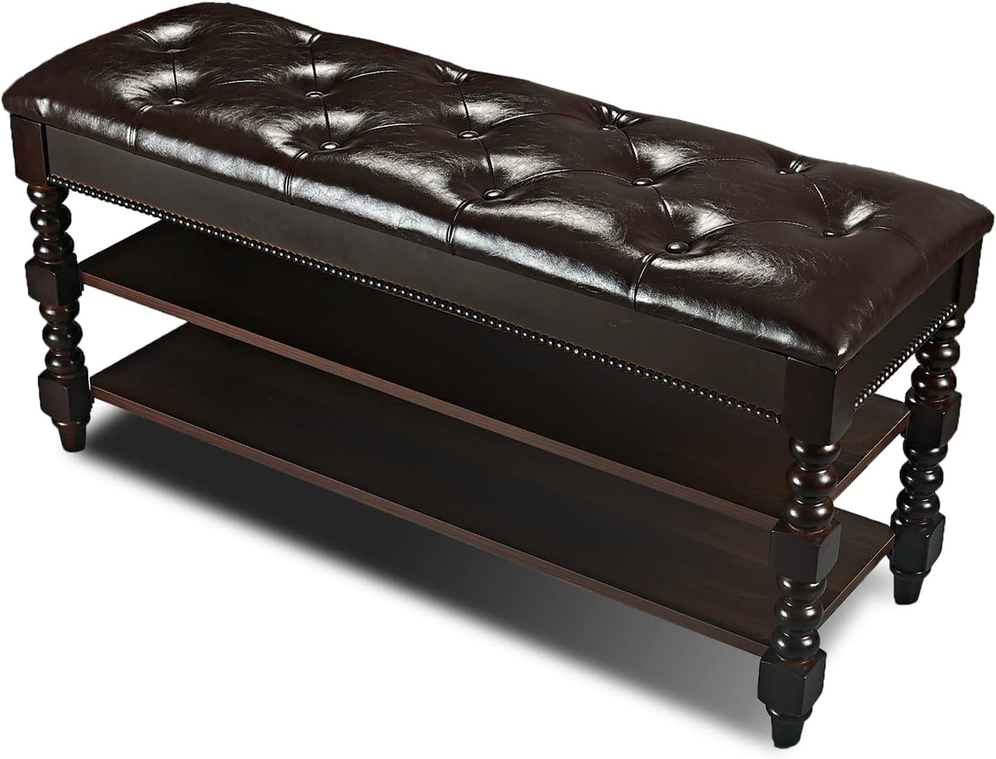 Storage Bench Vintage Solid Wood Shoe Bench 3 Tier Wooden Entryway Bench Shoe Rack with Leather Cushion Seating Brown