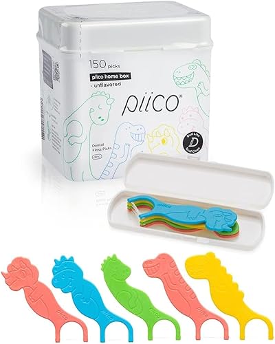 Piico Hilo dental sin sabor para niños, sin flúor, doble línea, púas de hilo dental - Cuidado bucal divertido en diseño de varillas de hilo dental