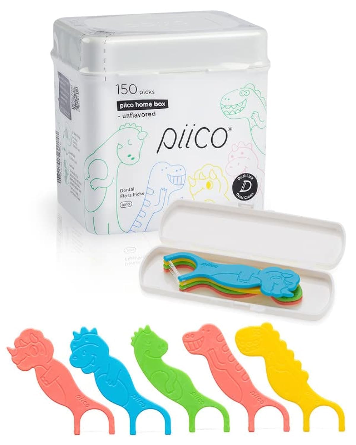 Piico No Flavor Kids Floss - No Fluoride Dual Line Dental Floss Picks - Fun Oral Care in