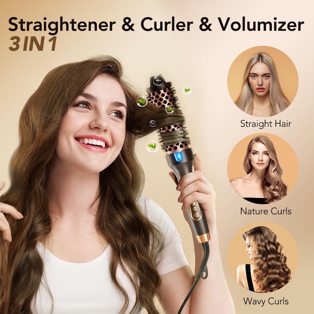 Thermal Brush, 1.5 Inch Curling Iron Heated Round Brush Styler, Hair Straightener & Curler & Volumizer 3 in 1, Negative Ion, Dual Voltage, 9 Temperature Control with LED Display (Inky)