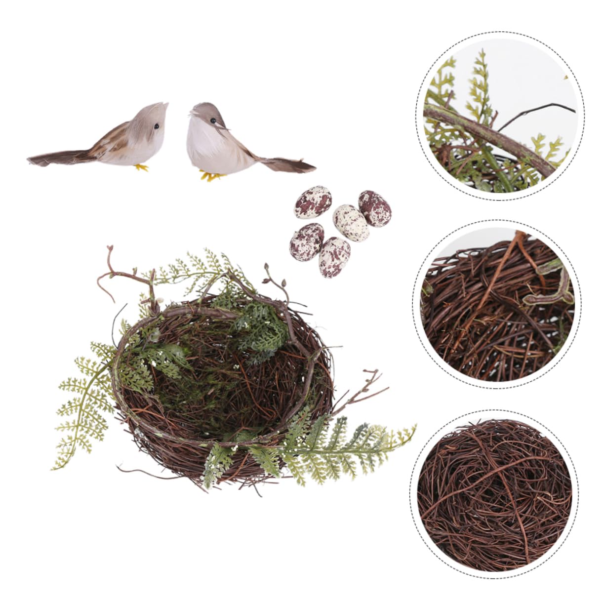 BESPORTBLE 4ensembles Nid Oiseau Rattan Tissé Main Abri Naturel pour Oiseaux Accessoires De Décoration pour Mariage Et Photographie Incluant Un Nid avec Deux Oiseaux Et Œufs Décoratifs