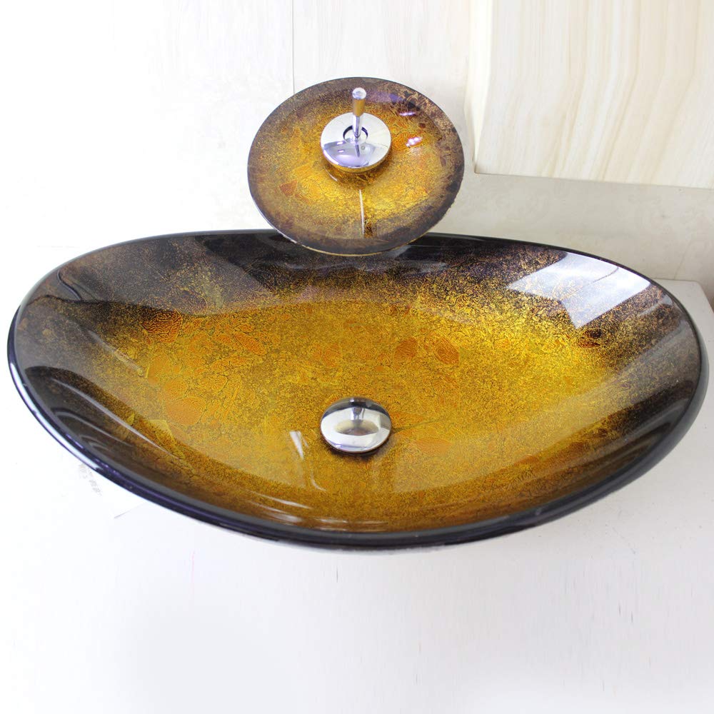 Lavabo ovale en verre trempé moderne verre de 12mm hautement résistant et mitigeur cascade