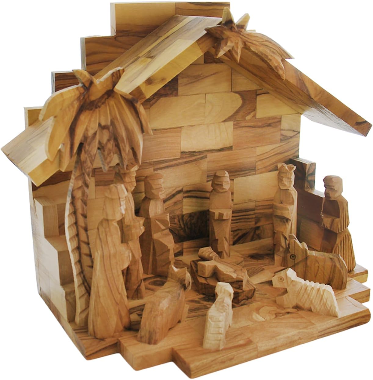 Authentic Handmade Large Olive Wood Christmas Xmas Nativity Set, Christian Home Decor Made in Bethlehem Holy Land - Traditional Manger Scene w/Figurines 7"