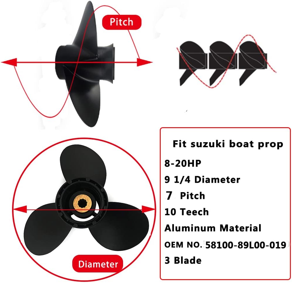 Boatman Boat Aluminum Propeller 9 1/4 x 7 fit Suzuki Outboard Engine DF8A 9.9A 15 20/DT9.9 15 HP,10 Spline Tooth,OEM 58100-89L00-019(9.25x7)