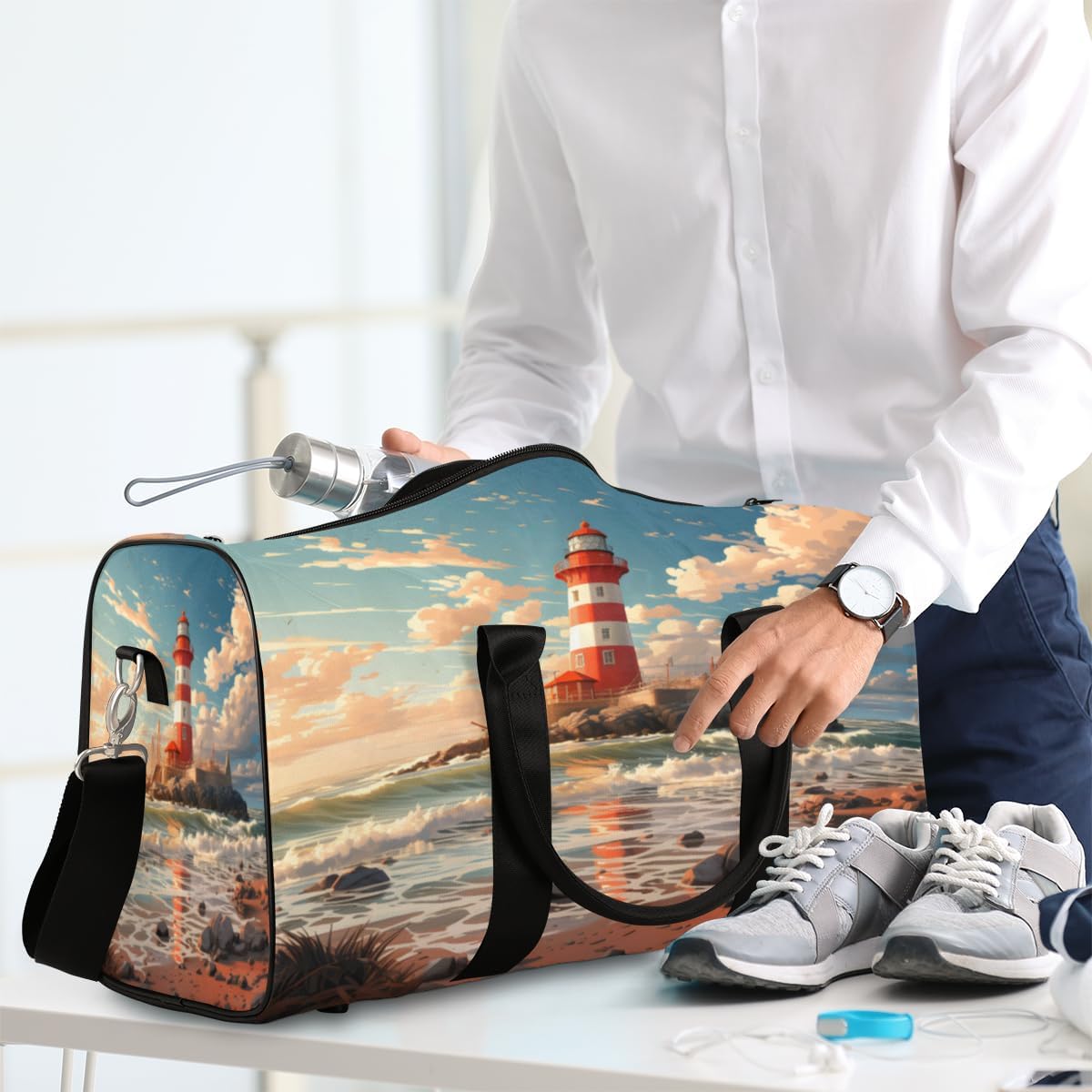 Watercolour Lighthouse Ocean Travel Duffel Bag for Women Men Large Capacity Overnight Weekender Bags for Lightweight Waterproof Sport Gym Bag for Workout Yoga Swim