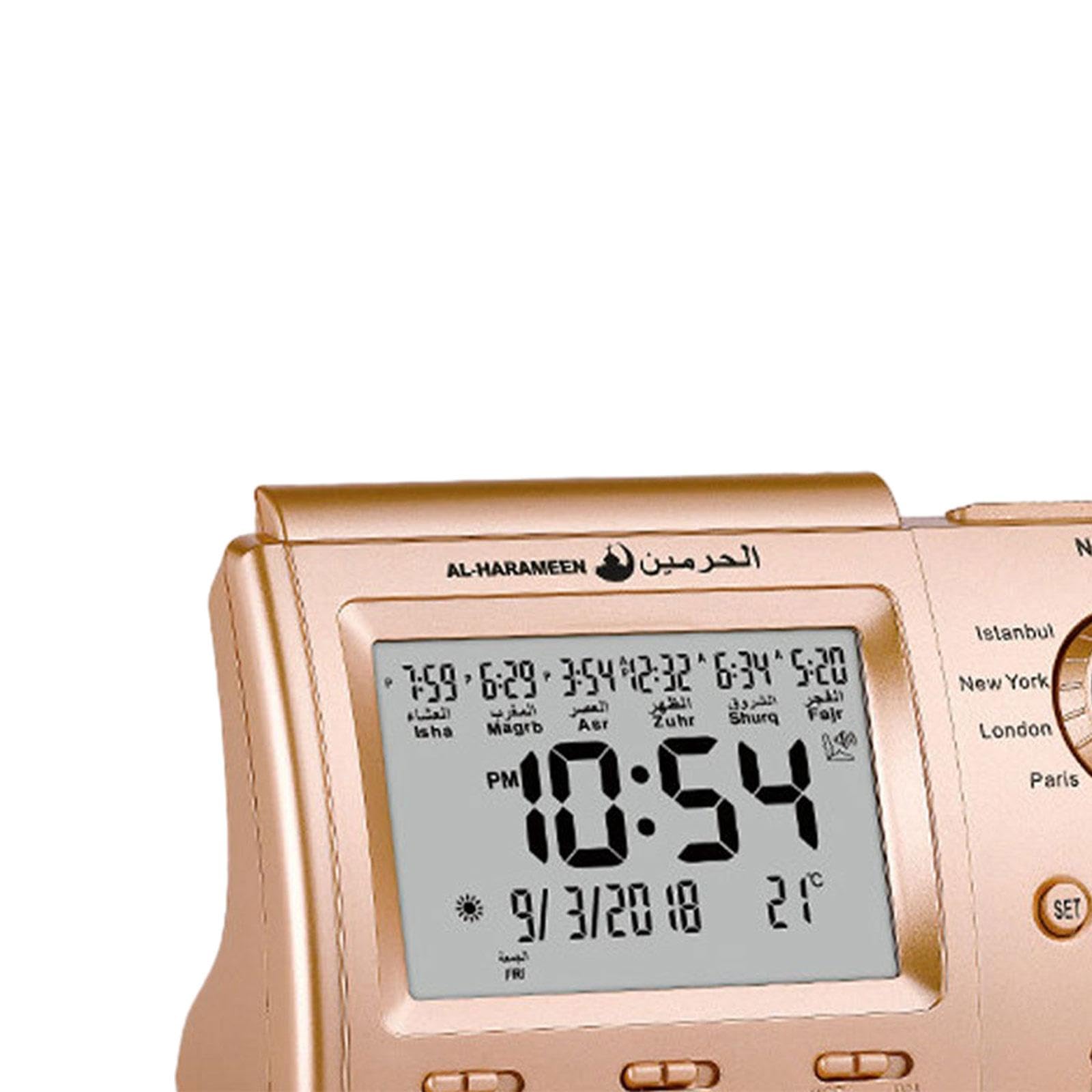 kowaku Muslimische islamische Digitale Gebetsuhr, batteriebetrieben, 12 Stunden/24 Stunden Weltzeitfunktion, Goldfarbe, für Büro-Desktop
