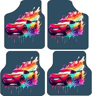 Racing Car Floor Mats, Set of 4, Colourful Rainbow Design, Odour-Resistant, Dark Blue Background from MT Best Buy