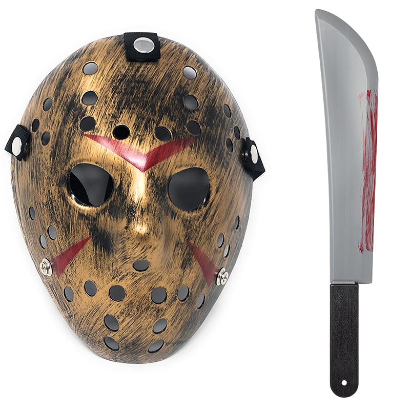 UltraByEasyPeasyStore Ultra Scary Halloween Hockey Mask - Horror Costume & Adults and Kids - Halloween Parties and Events - Perfect Scary Costume Accessory - Serial Killer – Gold Mask and Machete