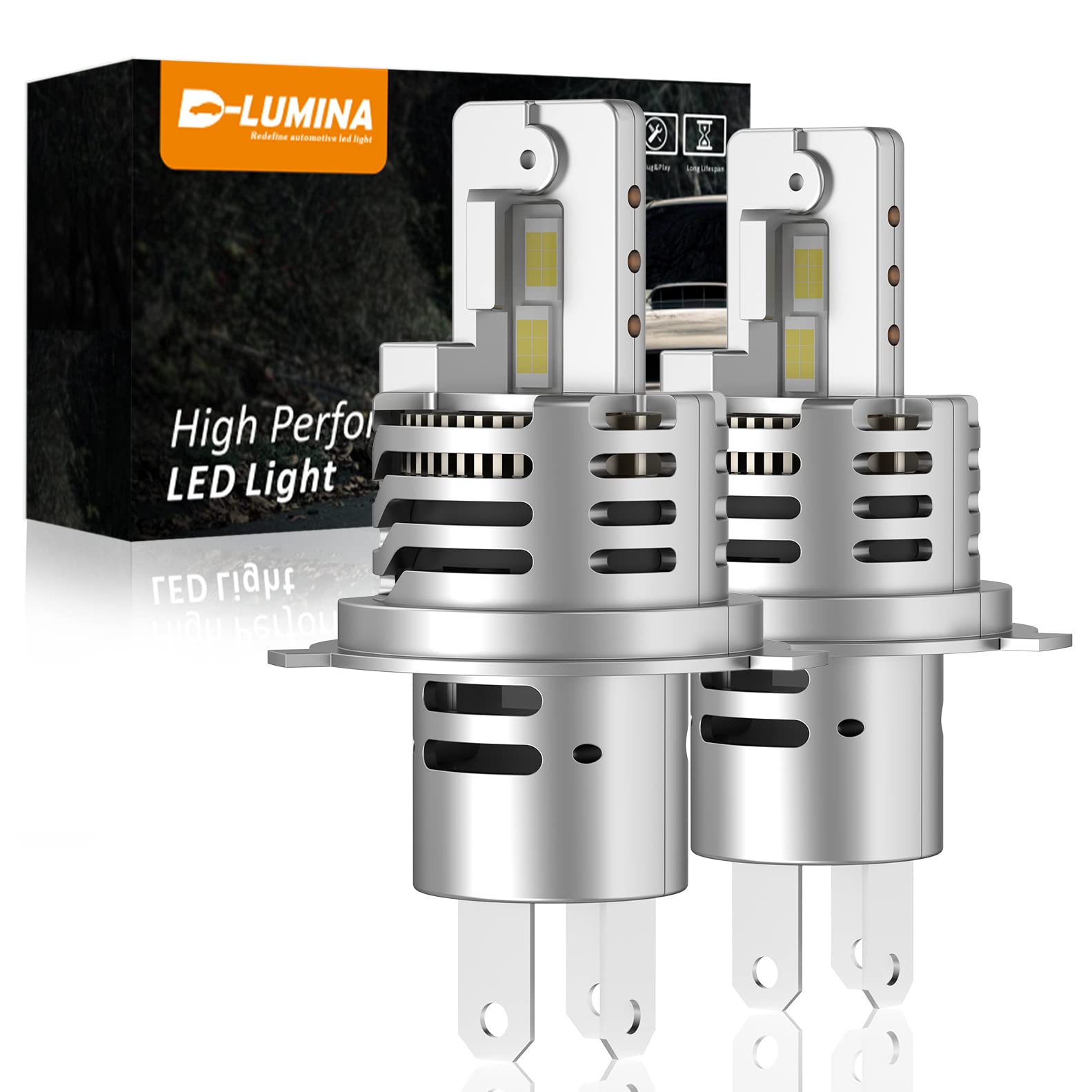 D-Lumina H4 LED Headlights 9003, 16000LM 400% Super Bright 6500K Xenon White, Halogen Replacement, H4/9003 LED with Fan Fast Heat Dissipation, Waterproof IP67, Set of 2