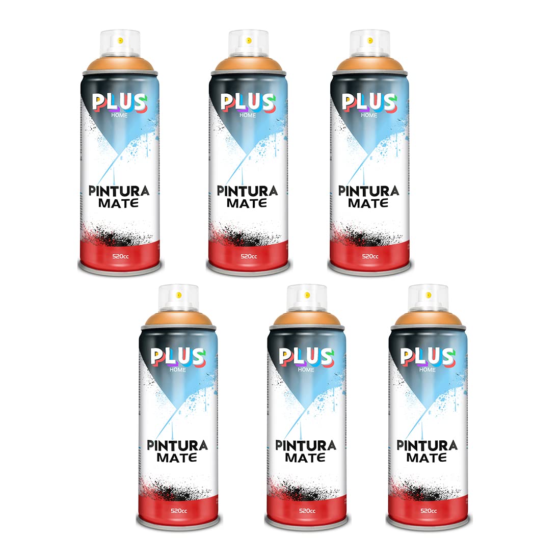 PLUS HOME Pintura Spray 520cc para pintar todo tipo de super cies: madera, metal, cartón, tela, piedra, bra de vidrio, plásticos rígidos, etc para bricolaje y DIY.Naranja Peto (Ref:644)(Paquete de 6)