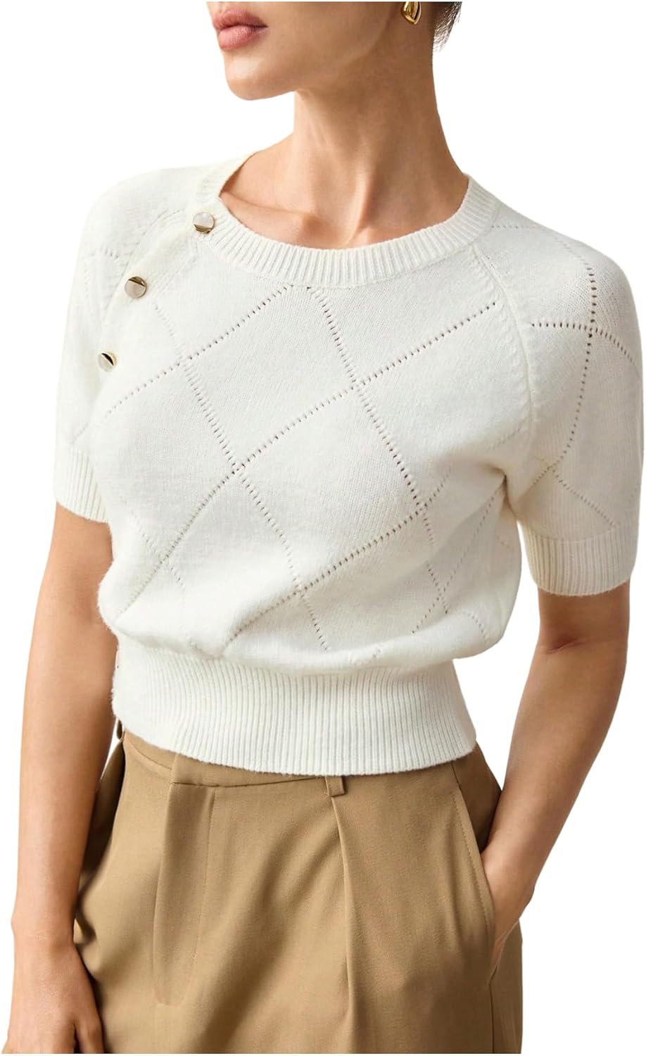 GORGLITTER Women's Button Up Short Sleeve Cropped Sweater Crew Neck Cozy Knitwear Fall Going Out Tops