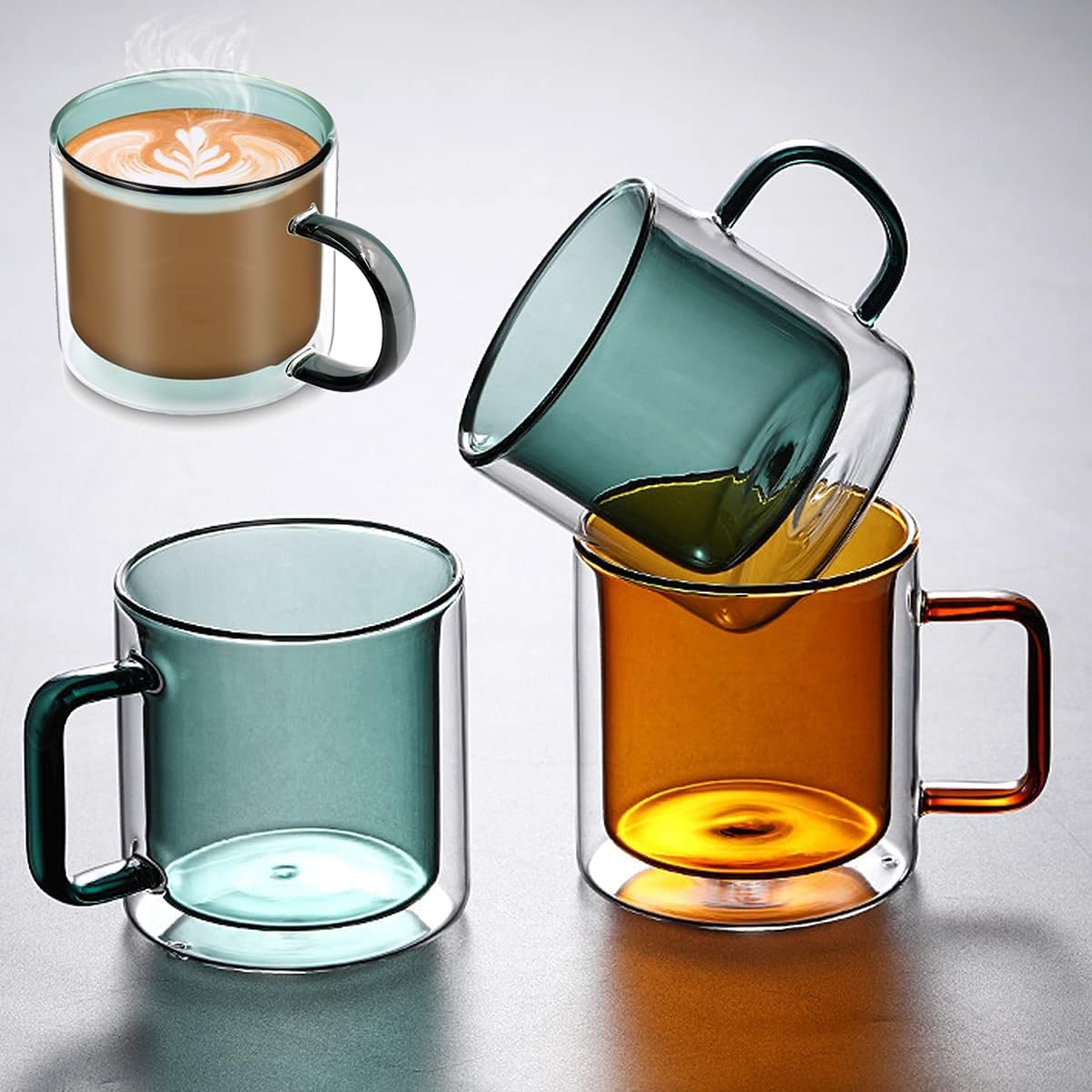 CASOTA Kaffeetassen aus Glas, 2er-Set, doppelwandiges Design, Glas, Tee, Kaffee, Milchbecher mit Griffen, isolierte doppelwandige Gläser, hitzebeständige Thermobecher for Cappuccino Latte Tee