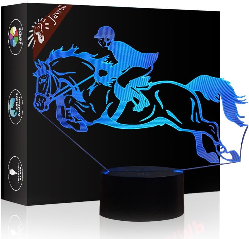 Mother's Day Gift Night Light 3D Beside Table Lamp Horse Riding Illusion, Jawell 7 Colors Changing Touch Switch Desk Decoration Lamps Birthday Christmas Gift with Acrylic Flat & ABS Base & USB Cable