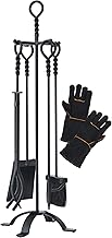 Lichamp Fireplace Tools Set, 5-Pieces Indoor Outdoor Sturdy Fire Place Poker Sets with Retro Handle and Heat Resistant Leather Gloves, FTS55BK