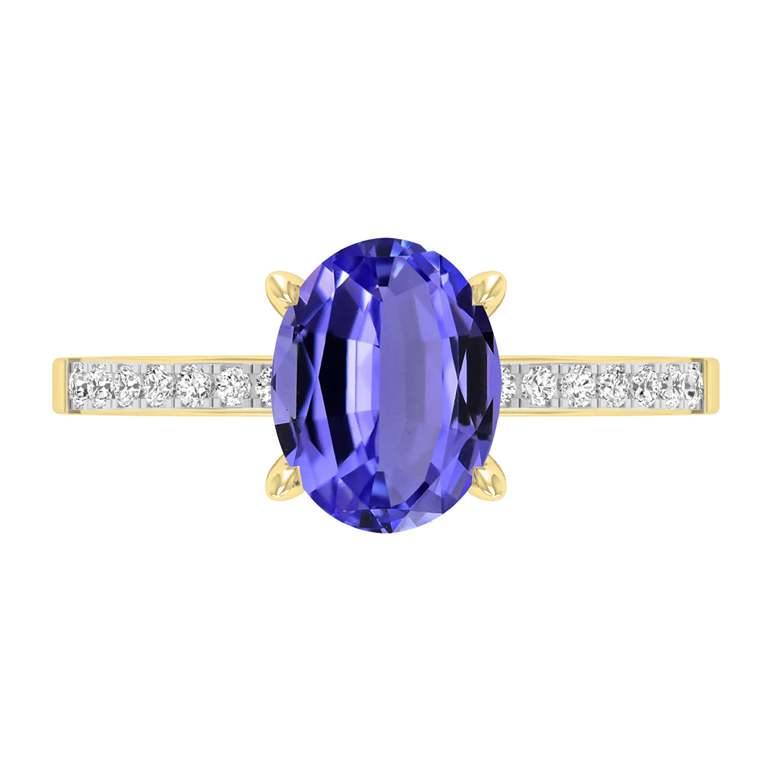 Dazzlingrock Collection Anillo de compromiso de oro amarillo de 14 quilates con piedras preciosas ovaladas y diamantes blancos redondos de 9 x 7 mm para mujer, Oro amarillo tanzanita Diamante blanco