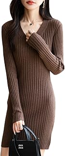 Women's Merino Wool Blend Sweater Dress Fashion 2025 Fall Winter Sexy V-Neck Slim Fit Long Sleeve Ribbed Knit Dress