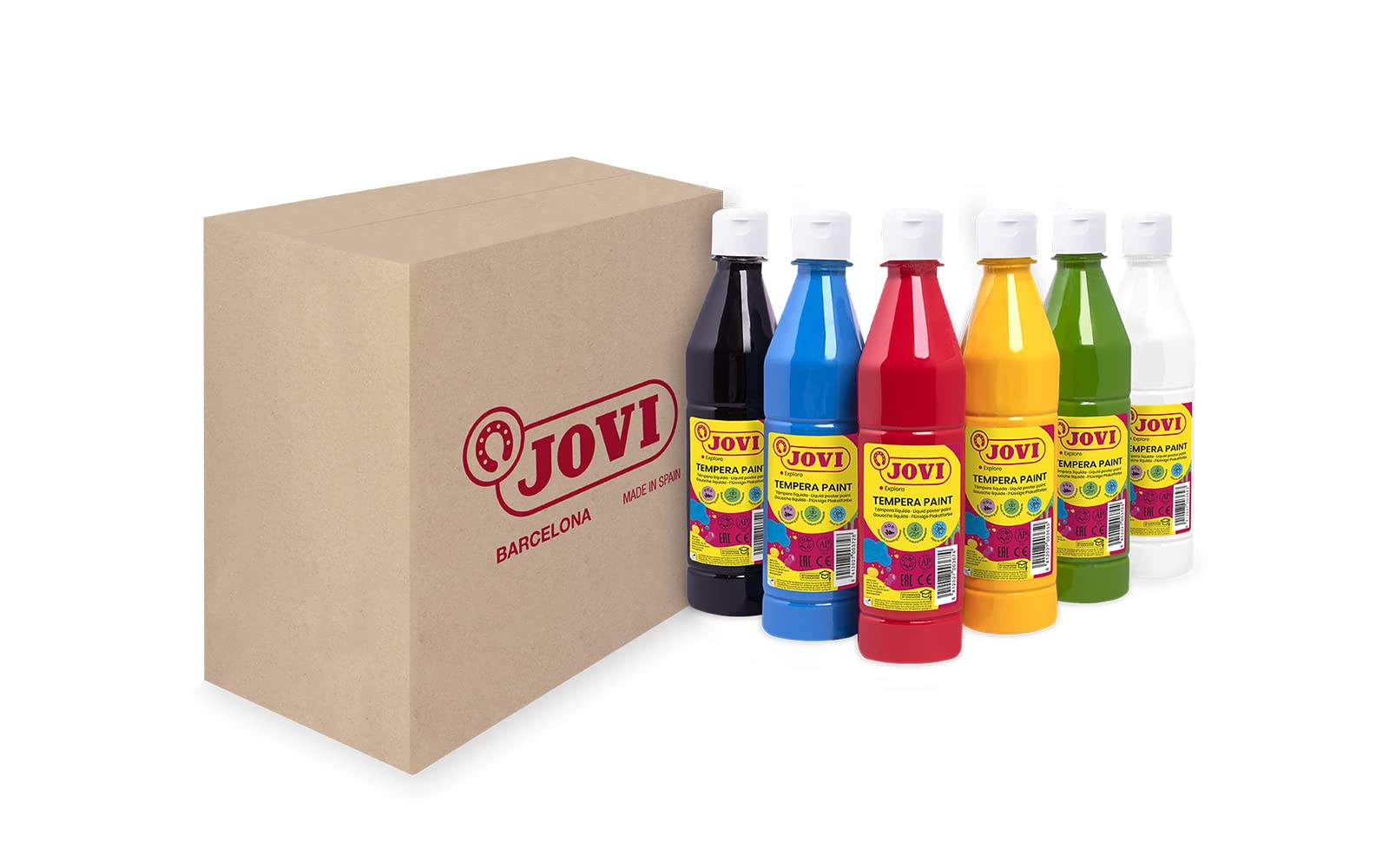 Jovi - Témpera líquida 6 botes de 500ml, colores primarios, formato escolar | fácil de lavar - sin gluten