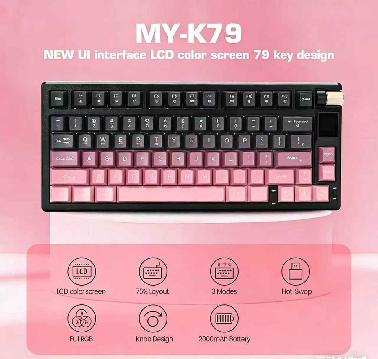 MY-K79 gradient wireless mechanical keyboard,Linear Red Axis Gaming Keyboard with TFT Smart Display&Knob,Hot Swappable Gasket Mount 75% Layout with Knob,RGB Backlit Bluetooth/2.4G/USB-C (Gray)