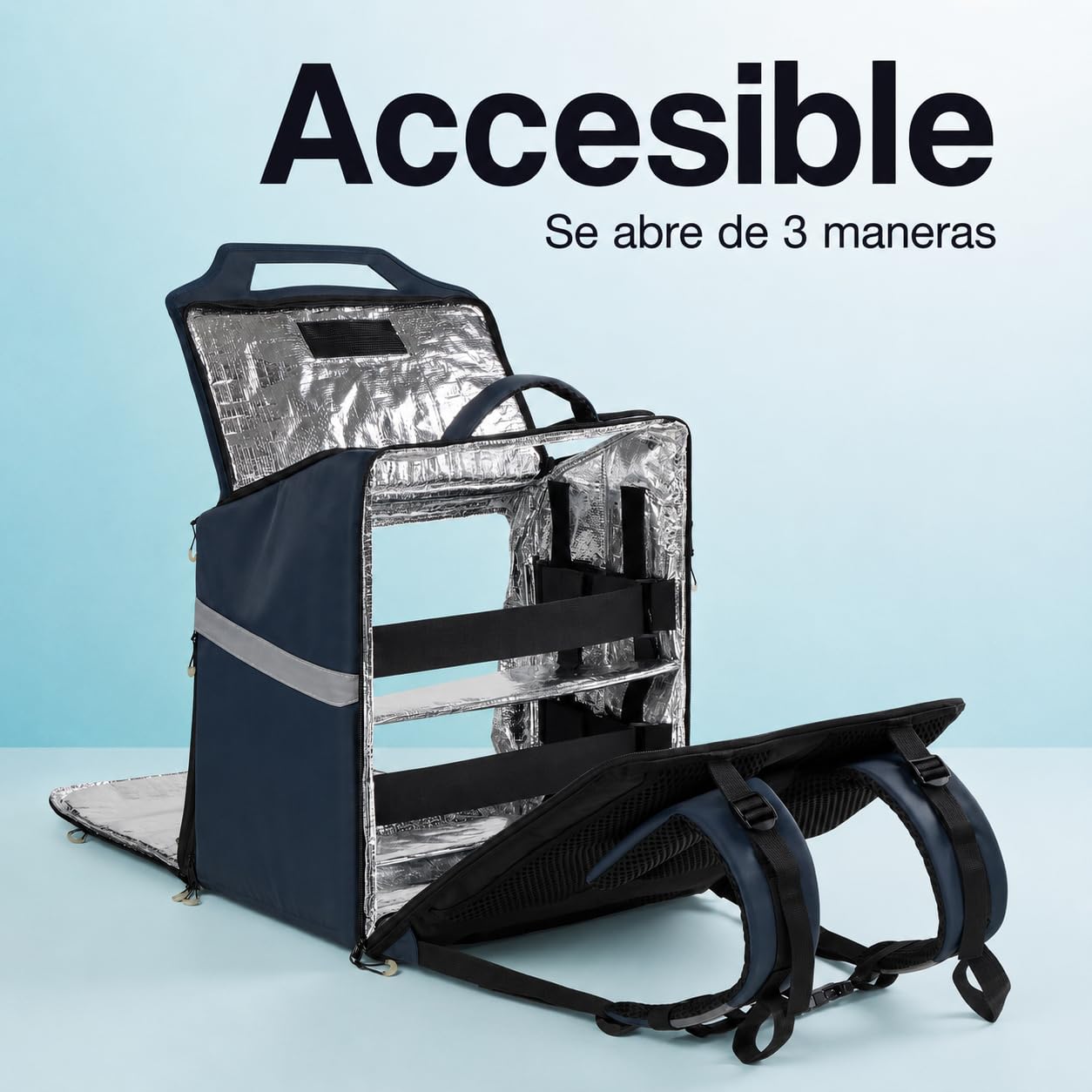 OO Mochila Isotérmica 75L para Repartidores Profesionales, 3 Accesos (Arriba, Frente, atrás), Impermeable, Bandas Reflectantes, Expansible +25%, Arnés Ajustable 160-200 cm