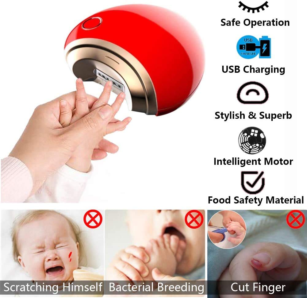 Cortauñas para bebés eléctrico, seguridad en el hogar de la manicura Herramientas, lima de uñas automático rápidamente Recorte para los niños y el cuidado de ancianos uñas,Rojo