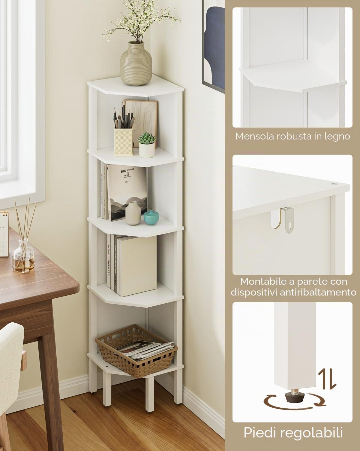 Libreria Angolo con 5 Livelli, Corner Regalo, Piante Regalo, Visualizzazione Aufbewahrungsregal für Wohnzimmer, Ufficio, Camera da letto, 127x29x29cm, Bianco