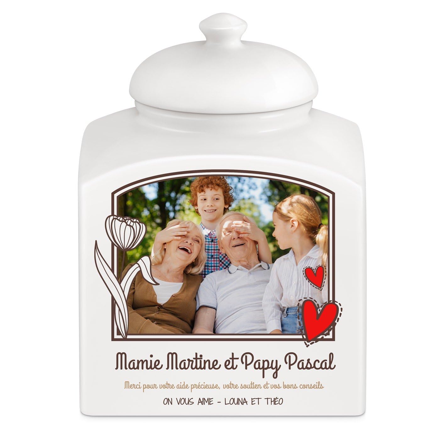 Maverton Pot en céramique personnalisé - Bocal à biscuits avec couvercle - pour couple - Rangement cuisine - pour parents - jeunes mariés - mariage - noces - anniversaire - avec photo de famille