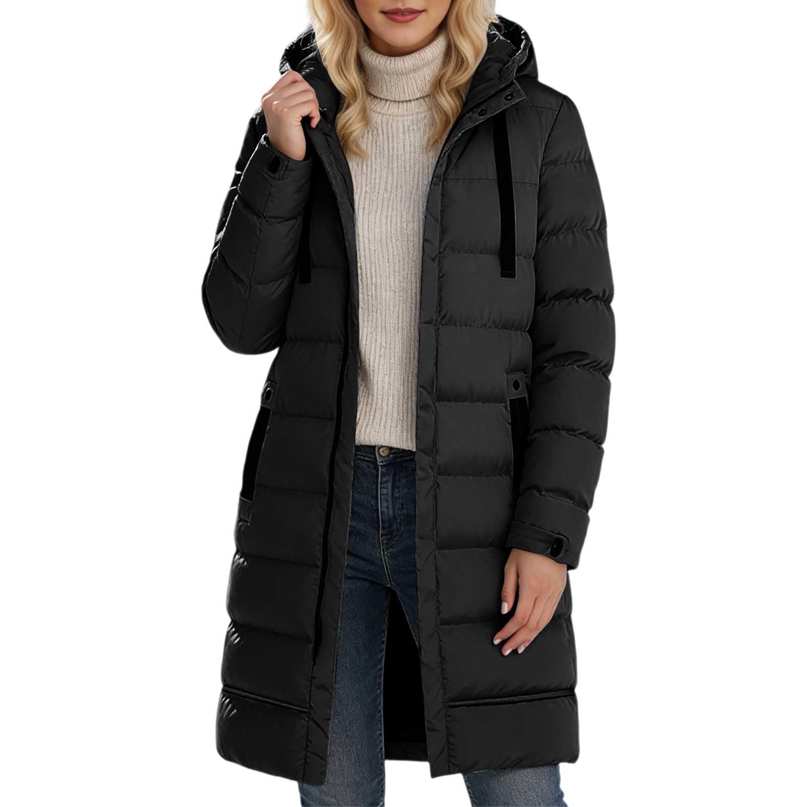 Generisch Wintermantel Lang Damen Warme Steppjacke Flauschige Jacke mit Kapuze Winter Mantel Winddicht Daunenjacken mit Taschen Winterjacke Full Zip Skijacke Puffer Jacken