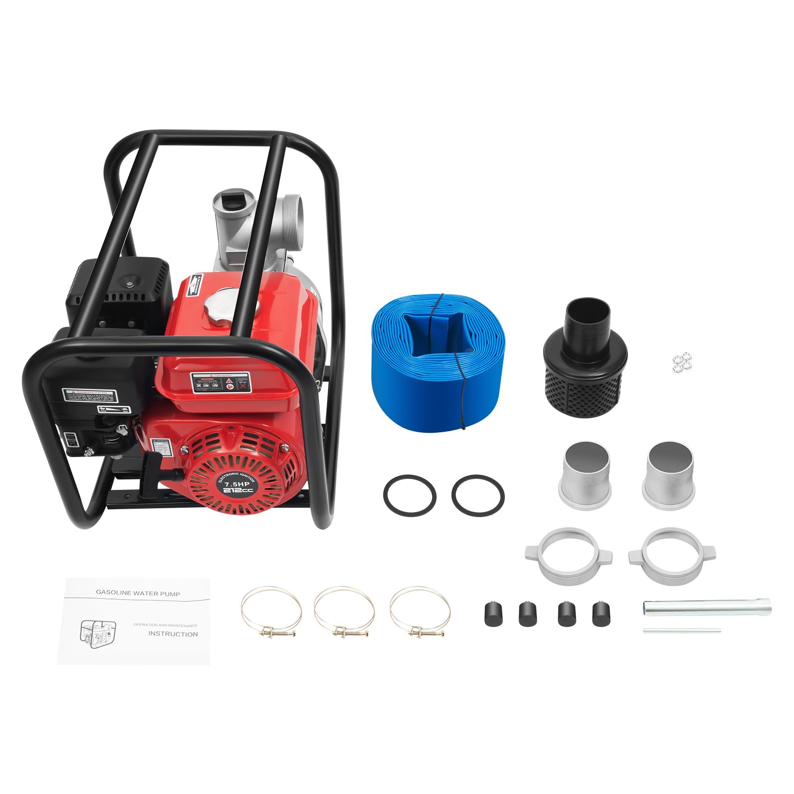 Pompa dell'acqua a benzina a 4 tempi, 212 CC, 7,5 CV, pompa da giardino, pompa per acqua sporca, con lunghezza del tubo dell'acqua di 7,5 m, altezza di erogazione di 30 m, altezza di
