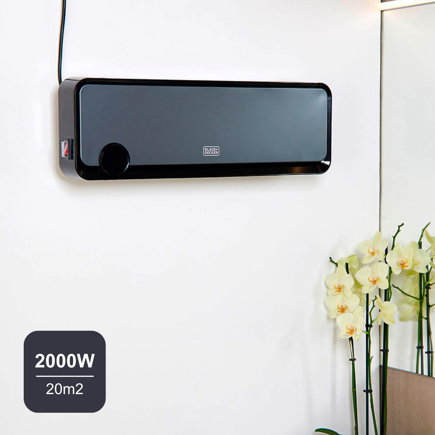 BLACK + DECKER BXWSH2000E - Termoventilatore ceramico da parete, adatto per bagni, con termostato elettronico, programmatore, timer e telecomando. Display LED, sistema PTC e oscillazione automatica