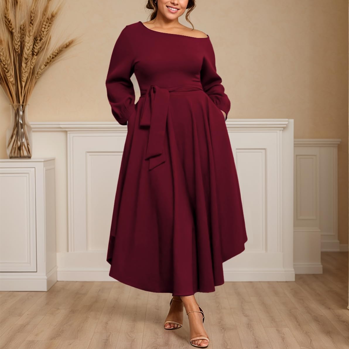 Plus Size Formal Dresses for Women Off Shoulder Long Sleeve Boat Neck Irregularly Flowy Midi Church Dress - Image 3