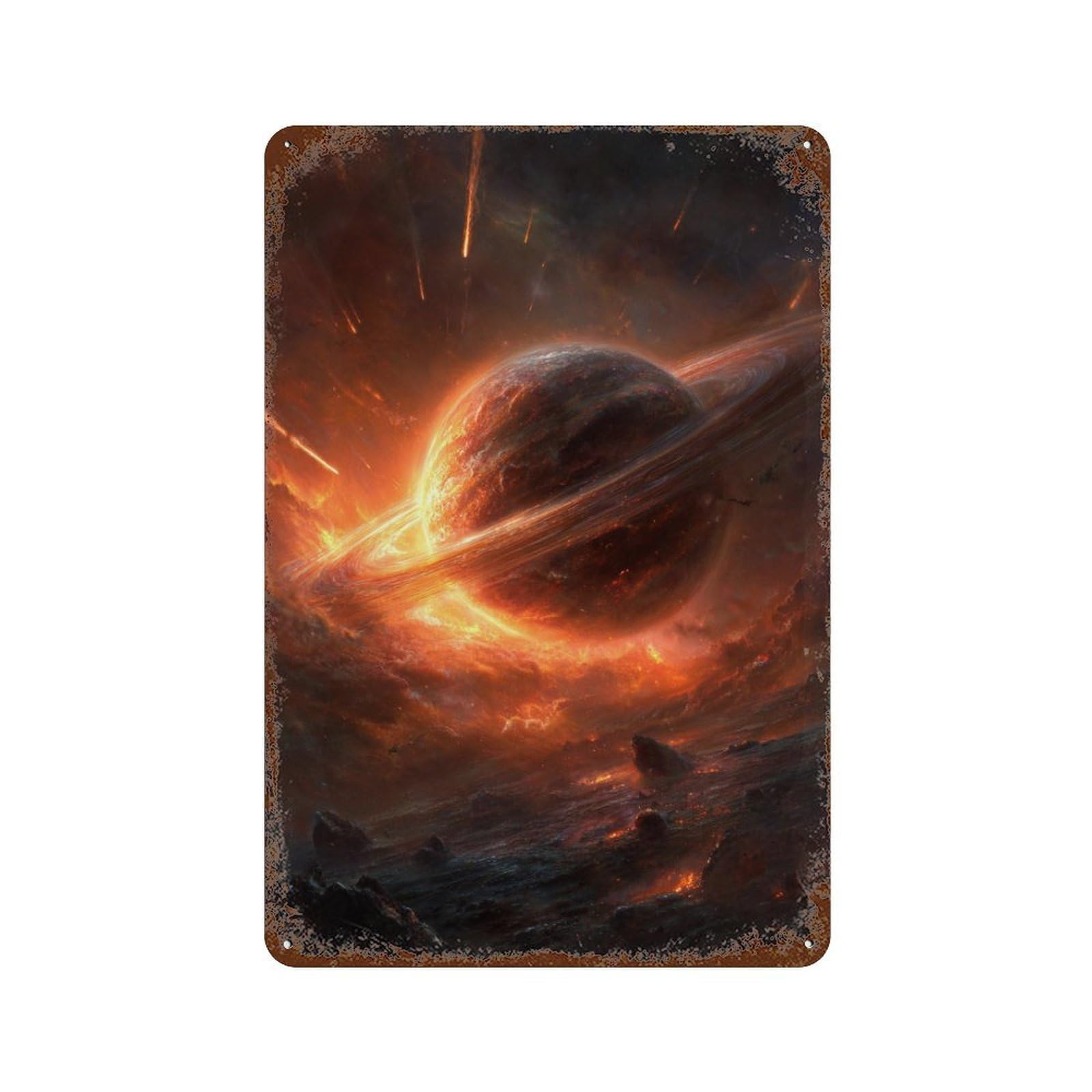Rust Effect Tin Sign Fiery Planet with Rings 11.8"x7.9", Industrial Home Decor for Garage, Bar And Workshop Decor
