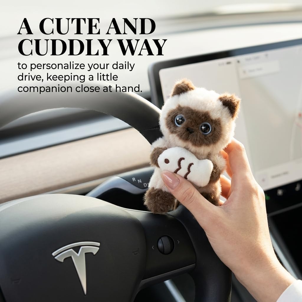 Car Gear Shift Cover - Cute Plush Cat for Electric Vehicle Steering Column Shift Guard Decoration Kawaii Auto Interior Ornament (Black Cat)