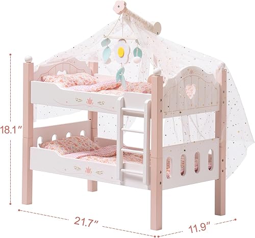 Miniatura 7 de ROBUD Cuna de muñeca de bebé, camas de madera para muñecas de 20 pulgadas, literas de muñeca con tul, cama de muñeca americana para regalos, rosa