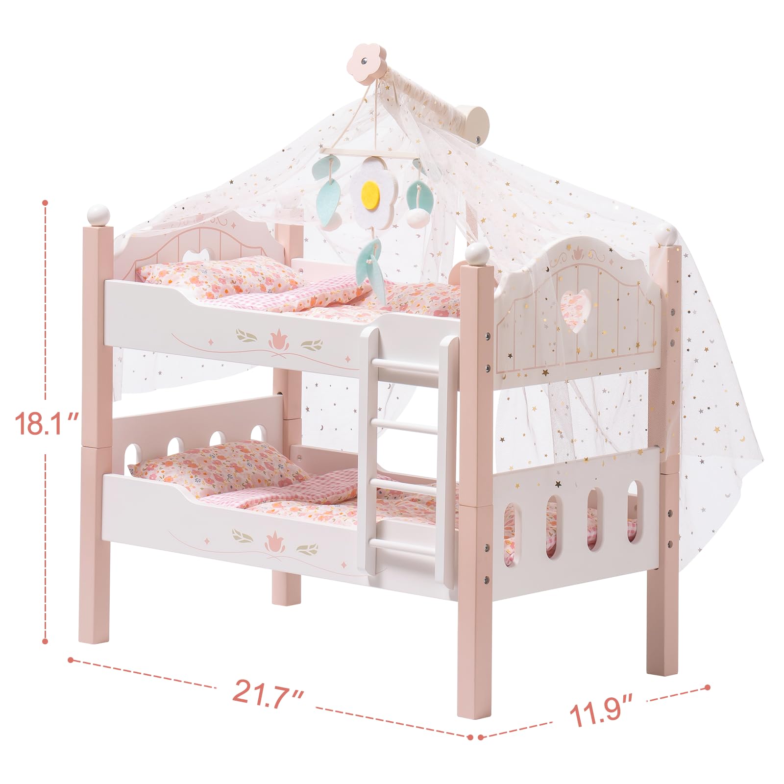 ROBOTIME Baby Doll Bunk Beds, Wooden Baby Doll Crib, Stackable Doll Bed Toy, High18 inch Dolls Furniture Fits American Girl 3+ (Pink, 2 Pcs Beds)