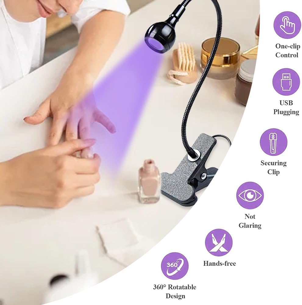 USB 3W LED UV Ultraviolet Phone Glue Curing Lamp,UV Led Nail Lamp for Gel Nails,Portable Clamp Flexible Desk Lamps for Mobile Repair,Plug and Play-2 Pack(Black)